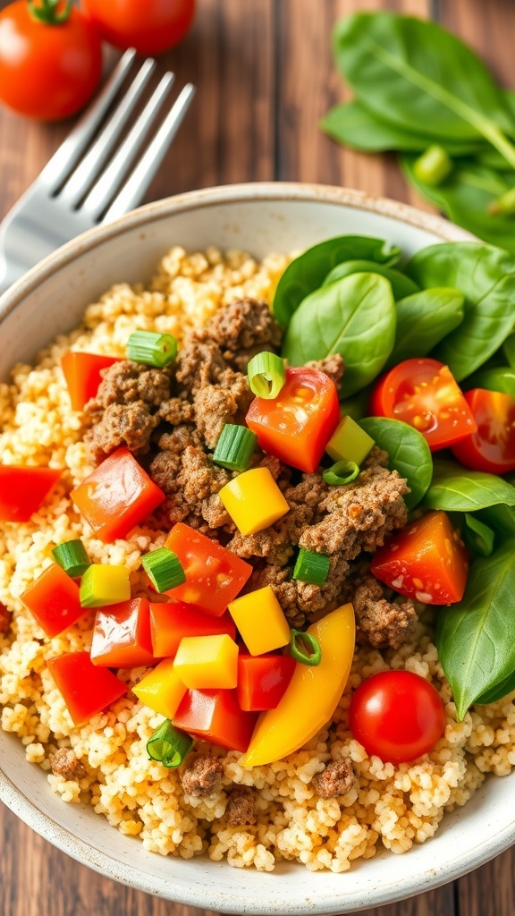 A colorful beef quinoa bowl with ground beef, bell peppers, tomatoes, and spinach, garnished with green onions.